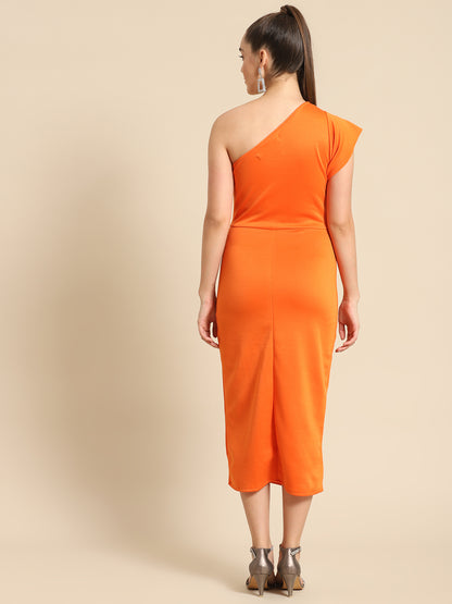 Bold Orange One-Shoulder Midi Dress for Women – Elegant Slit Bodycon for Parties & Events