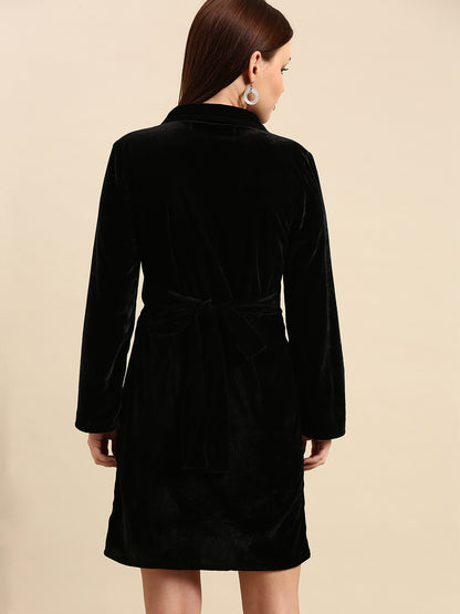 Black Velvet Wrap Dress - Long Sleeve, V-Neck, Elegant Fit