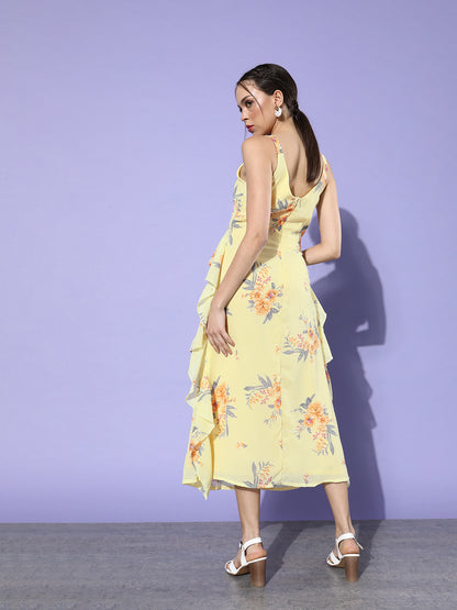 Pastel Yellow Floral Ruffle Midi Dress Elegant Summer Vibes