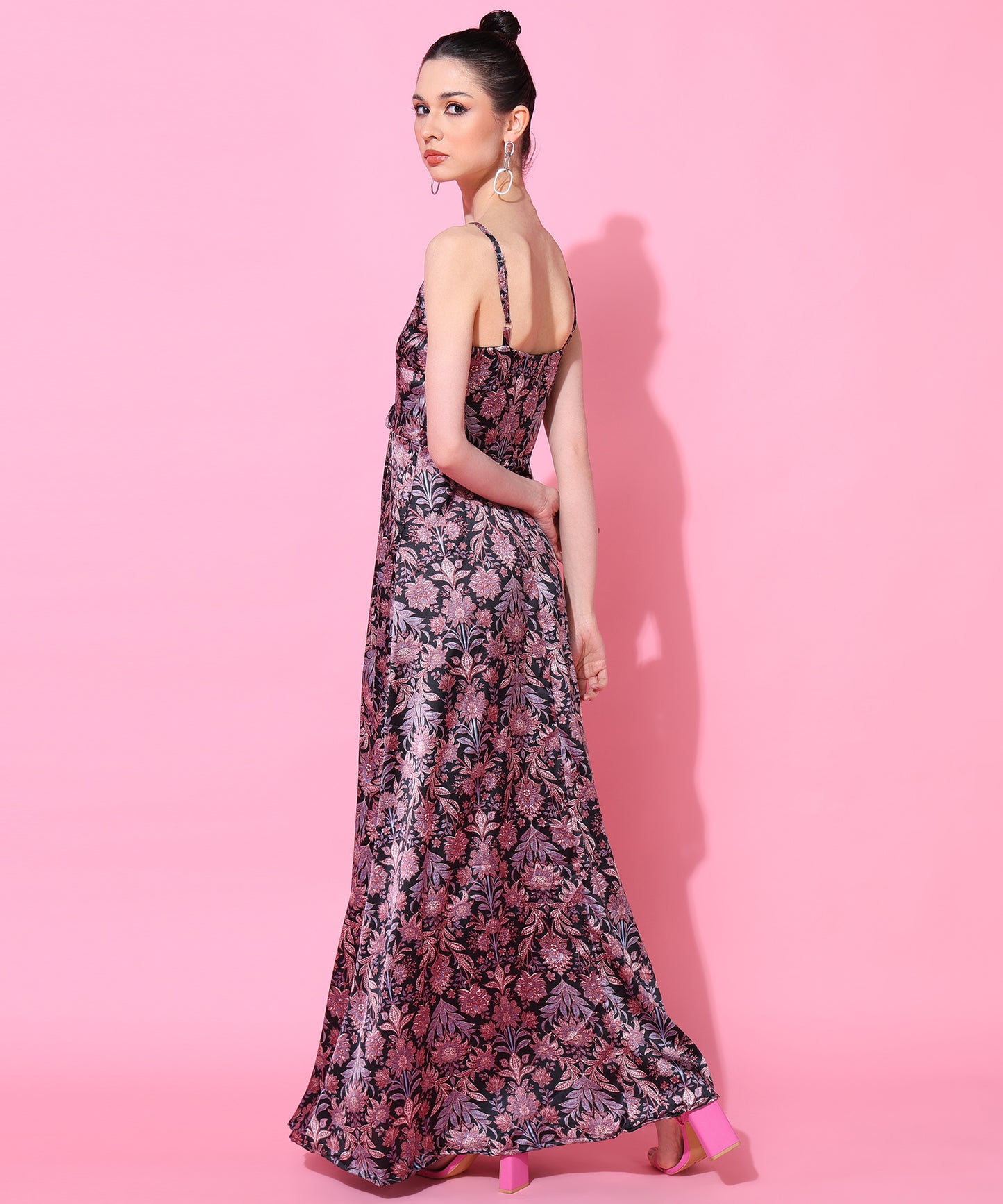 Black Floral Print Spaghetti Strap Slit Maxi Dress for Women