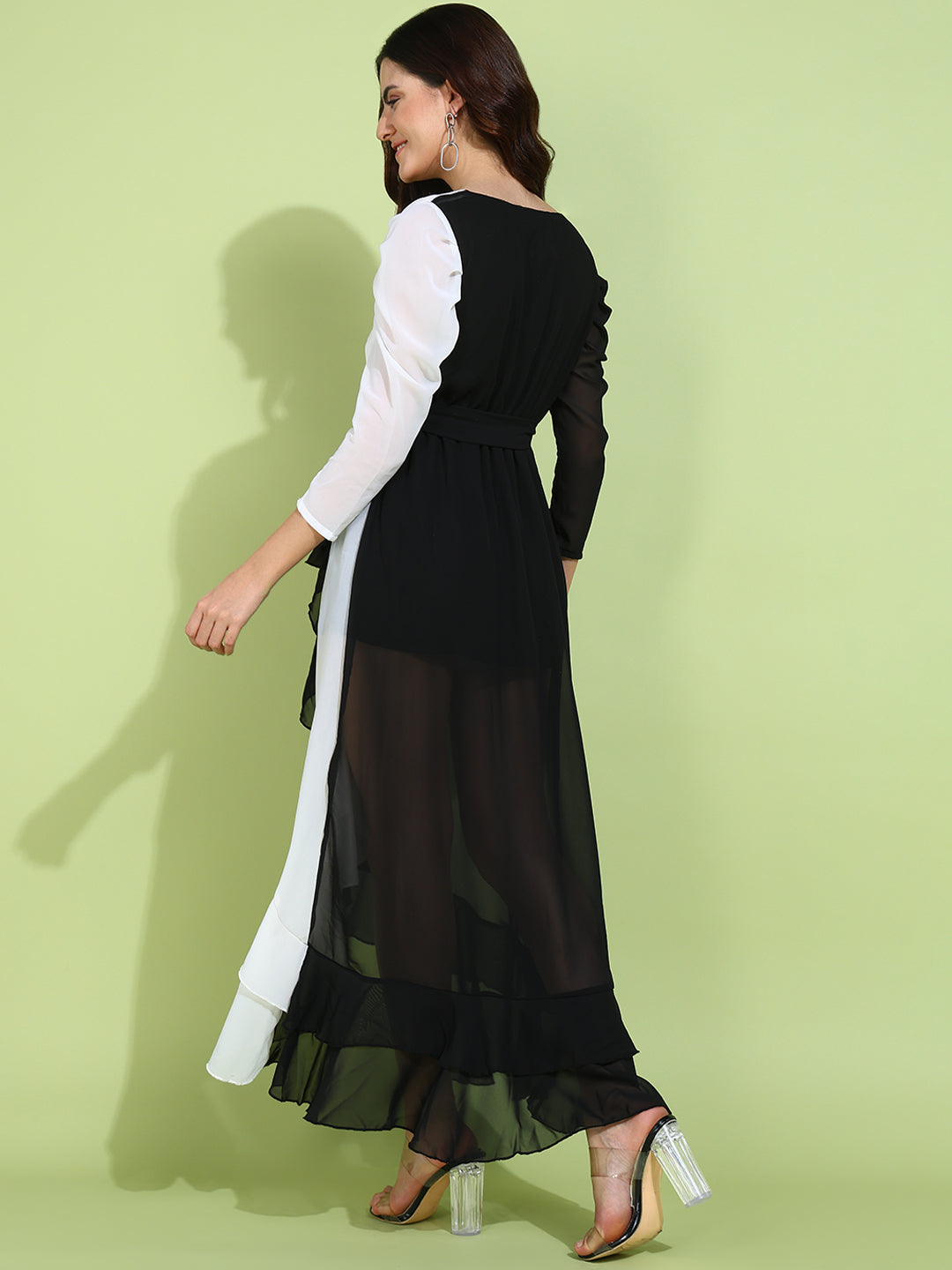 Stylish Black and White Ruffle Wrap Dress with Sheer Sleeves for Women