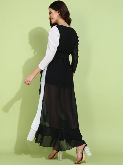 Stylish Black and White Ruffle Wrap Dress with Sheer Sleeves for Women