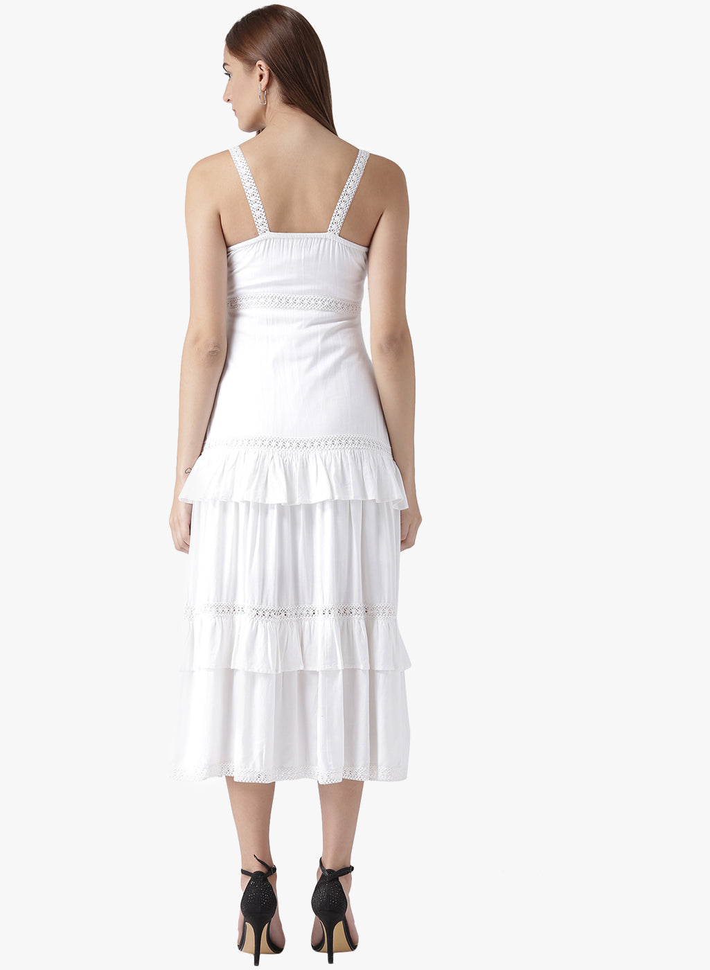 Women's White Tiered Sleeveless Midi Dress with Lace Detail