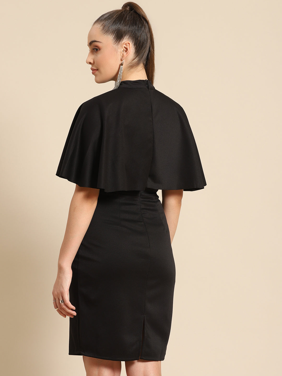 Elegant Black Bodycon Dress for Women – High Neck with Cape Sleeve
