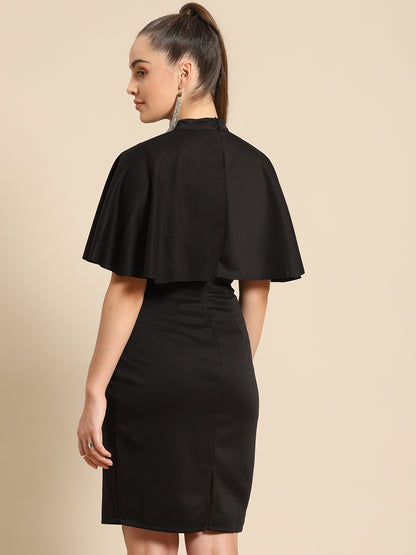 Elegant Black Bodycon Dress for Women – High Neck with Cape Sleeve