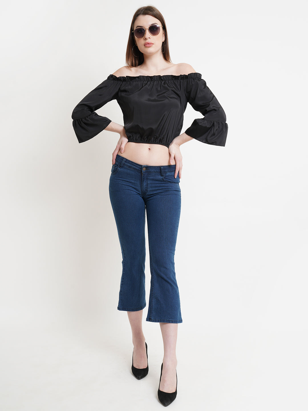 Women's Black Off-Shoulder Satin Crop Top with Flared Sleeves