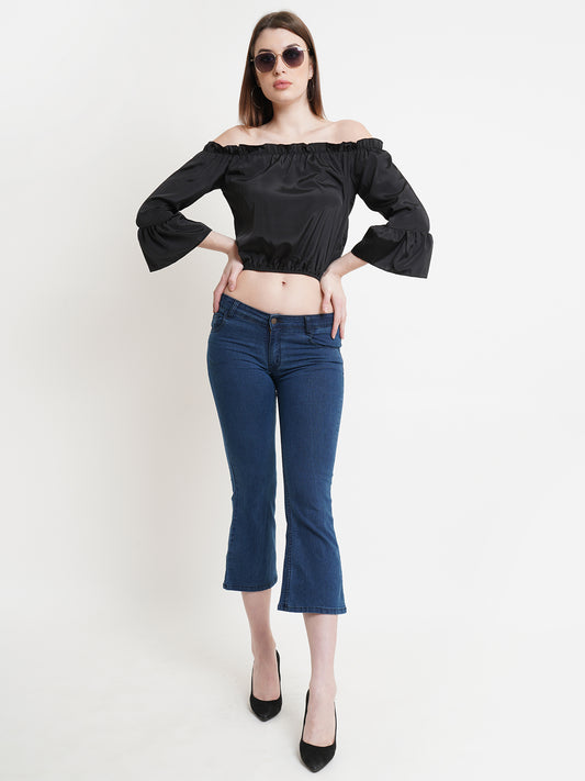Women's Black Off-Shoulder Satin Crop Top with Flared Sleeves
