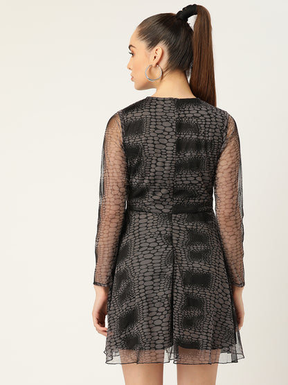 Chic Black Mesh Fit & Flare Mini Dress for Women – Long Sleeve Party & Evening Wear