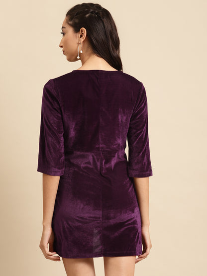 Purple Velvet Wrap Mini Dress with 3/4 Sleeves