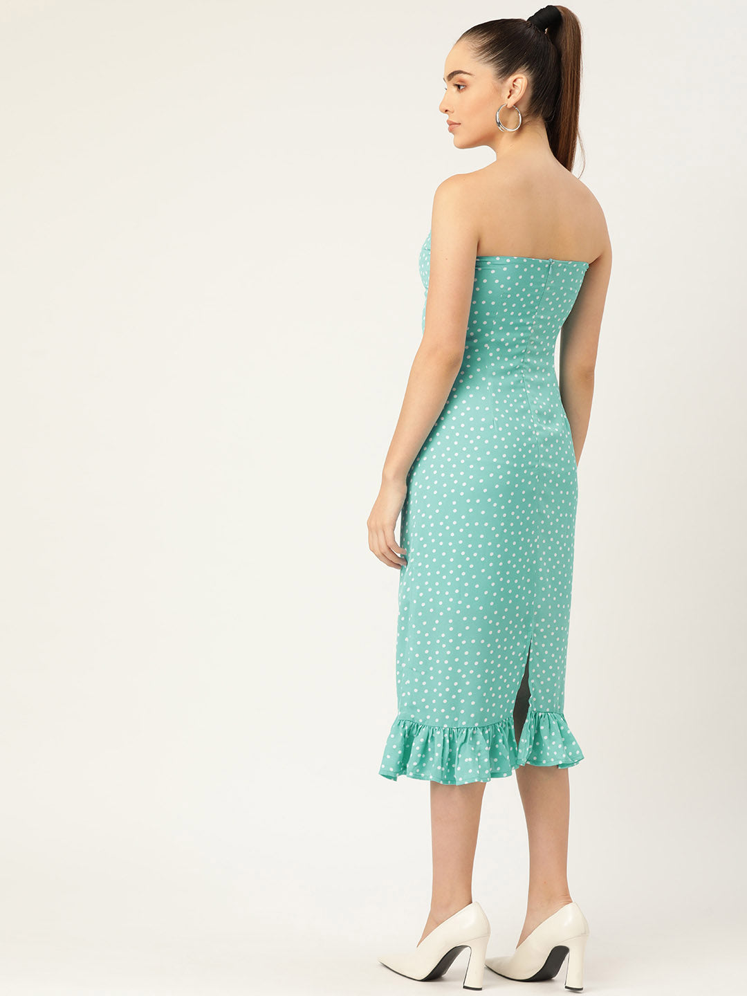 Elegant Mint Green Polka Dot Strapless Midi Dress with Ruffle Hem