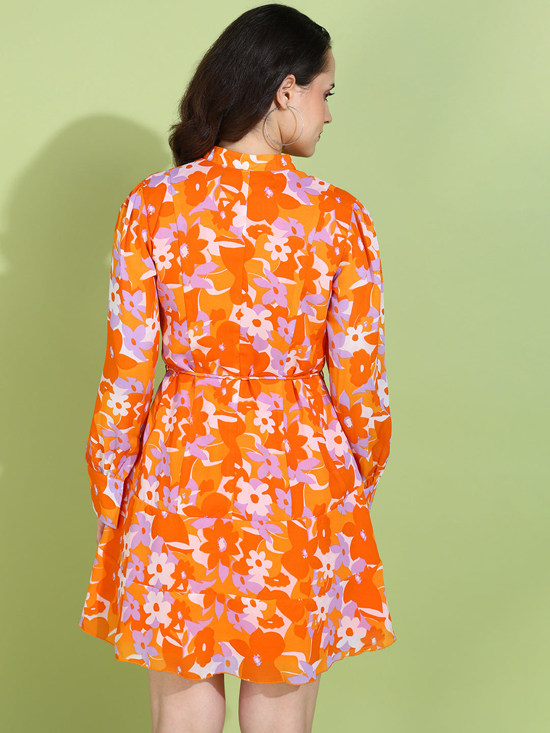 Orange Floral Print Button Down A-Line Mini Dress for Women
