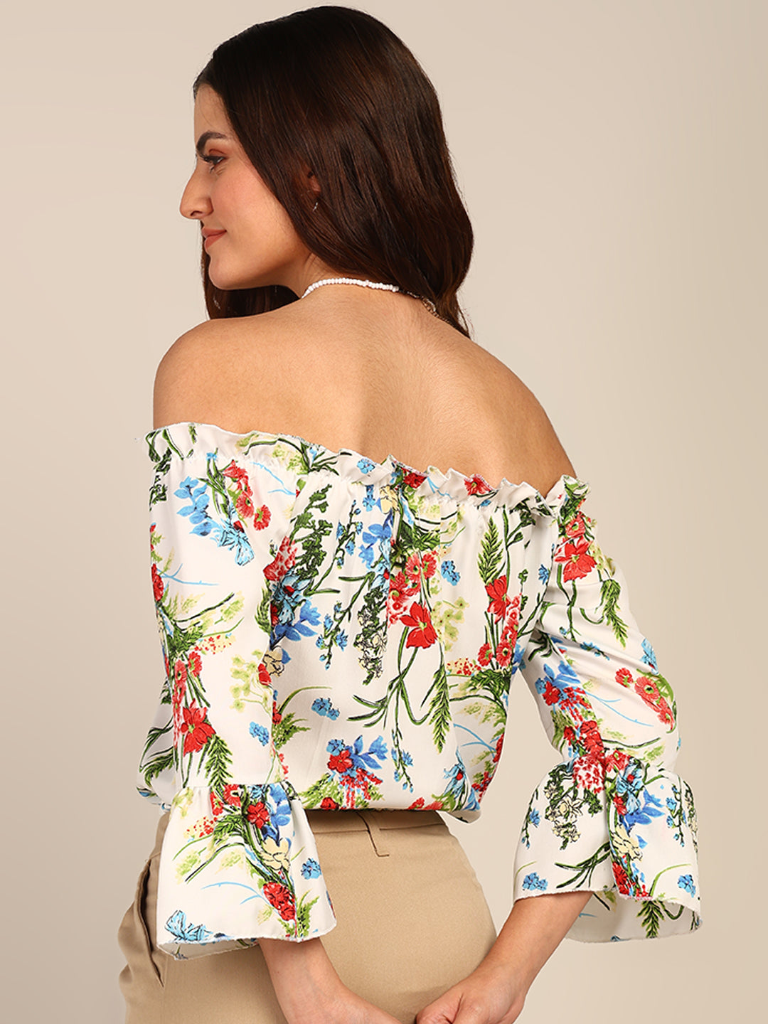 White Floral Off Shoulder Top for Women with Bell Sleeves