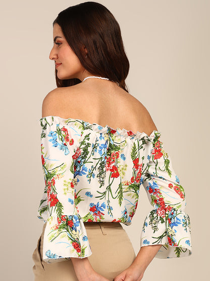 White Floral Off Shoulder Top for Women with Bell Sleeves