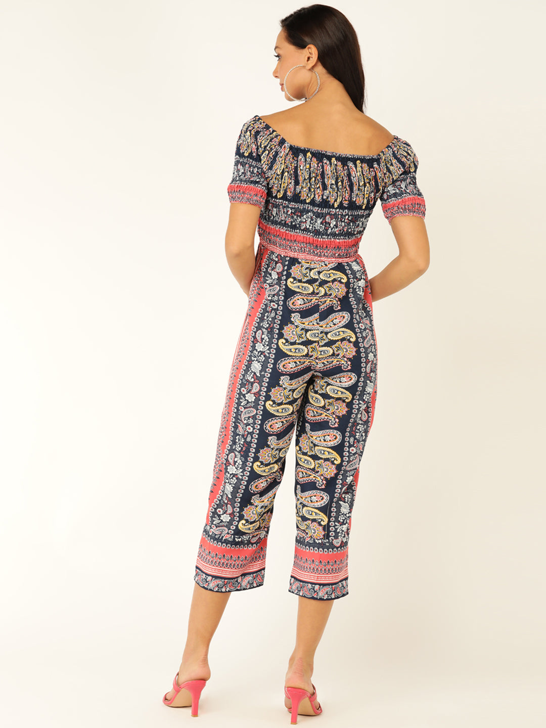Navy Blue Paisley Print Off-Shoulder Jumpsuit – Boho Style Casual Wear