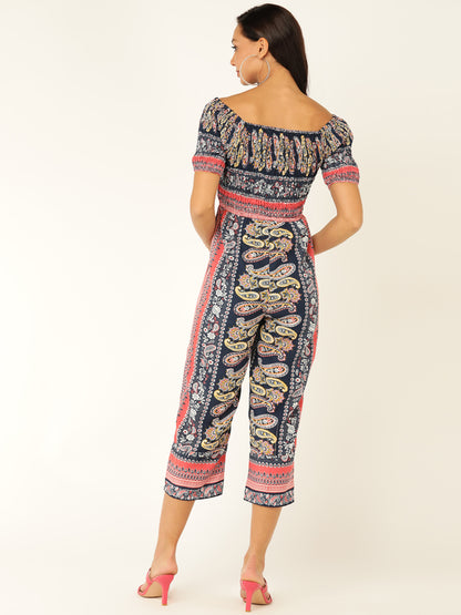 Navy Blue Paisley Print Off-Shoulder Jumpsuit – Boho Style Casual Wear