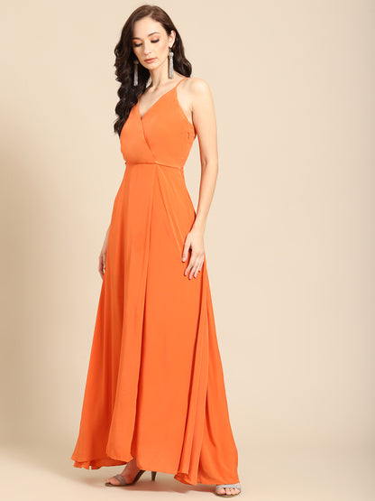 Stylish Orange Sleeveless V-Neck Maxi Dress for Women
