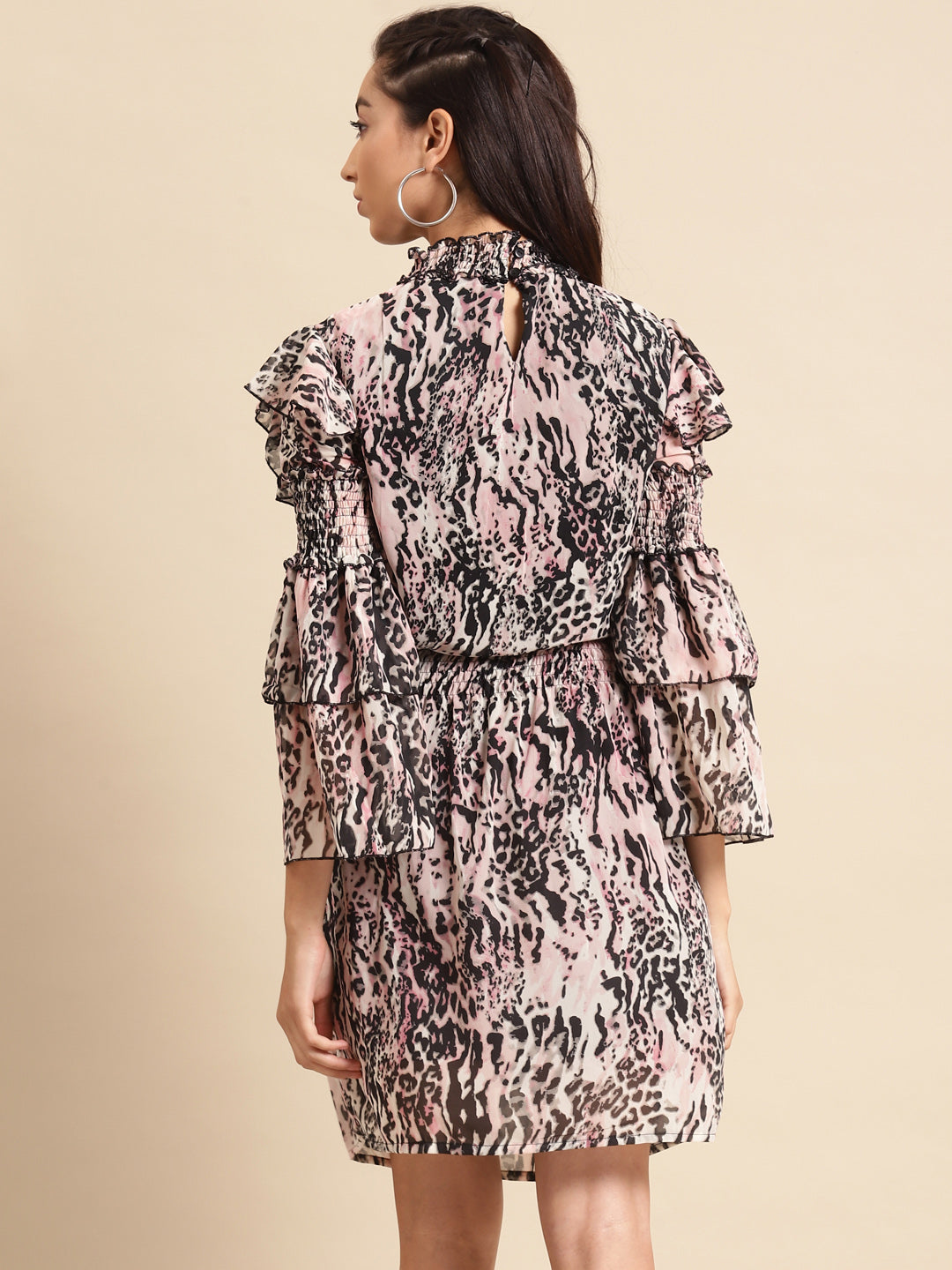 Women Animal Print Ruffle Sleeve Smocked Waist Mini Dress