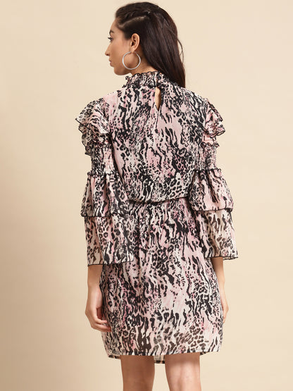 Women Animal Print Ruffle Sleeve Smocked Waist Mini Dress