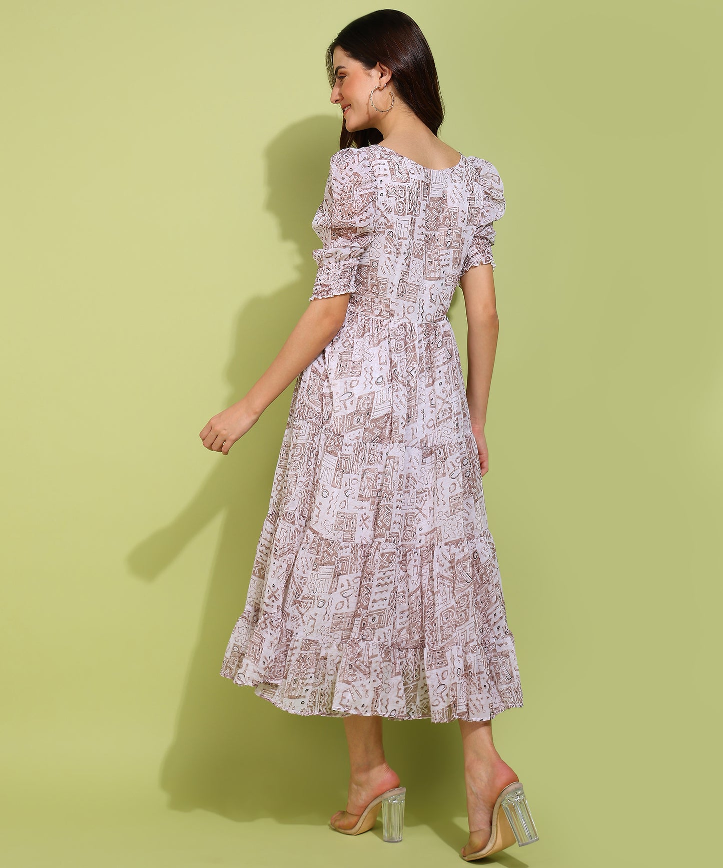 Women's White Printed Puff Sleeve Maxi Dress – Elegant & Flowy