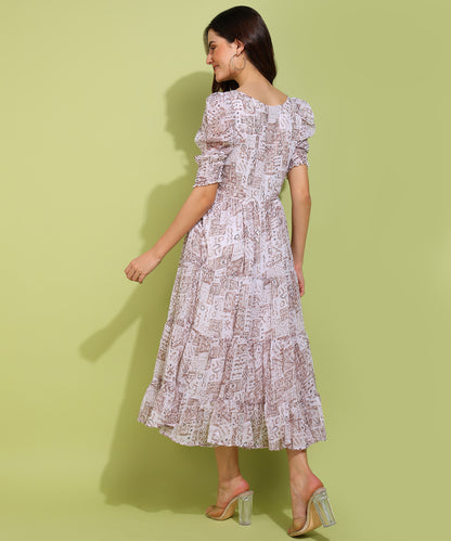 Women's White Printed Puff Sleeve Maxi Dress – Elegant & Flowy