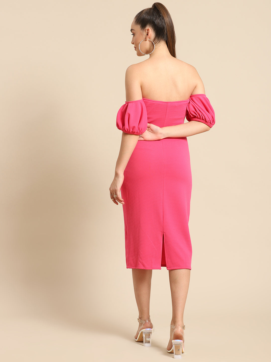 Trendy Pink Off-Shoulder Midi Dress for Women – Puff Sleeve Bodycon for Parties & Date Nights
