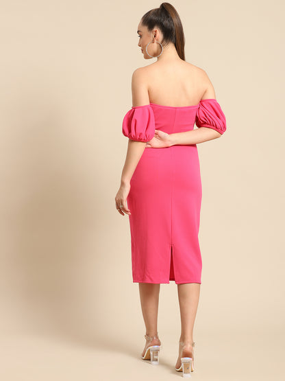 Trendy Pink Off-Shoulder Midi Dress for Women – Puff Sleeve Bodycon for Parties & Date Nights