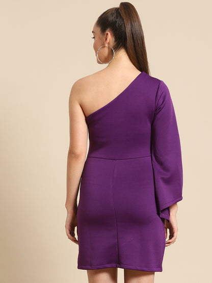 Elegant Purple One-Shoulder Mini Dress for Women – Asymmetrical Hem & Long Sleeve Party Dress
