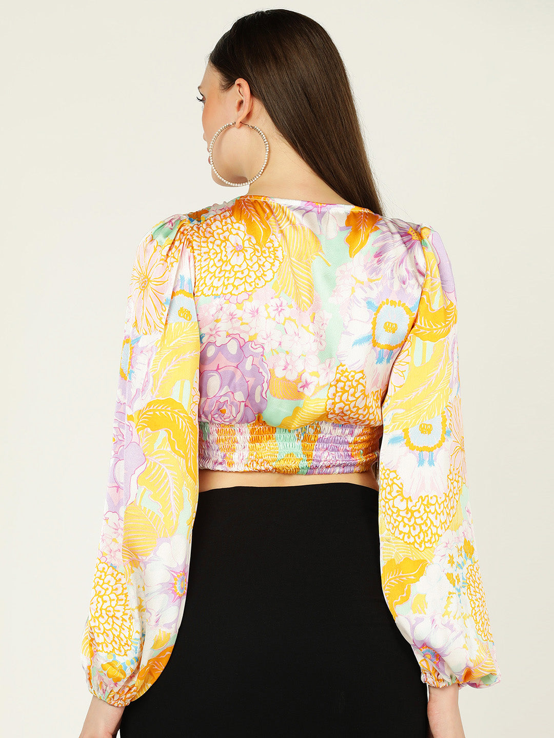 Women's Satin Floral Print V-Neck Crop Top with Drawstring Detail