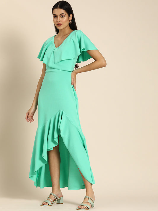 Mint Green Ruffle Sleeve High Low Maxi Dress