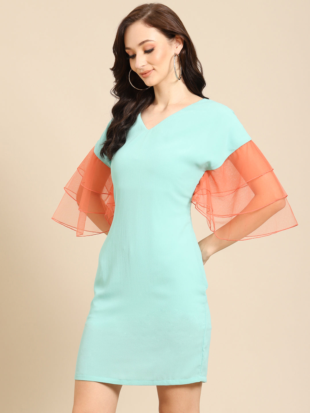 Mint Green Mini Dress with Orange Organza Ruffle Sleeves – Trendy Casual & Party Wear for Women