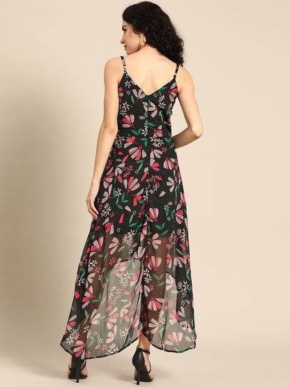 Black Floral High-Low Dress for Women Spaghetti Strap Asymmetric Hem Dress with Bow Detail