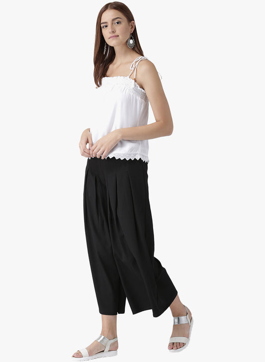 Black High Waist Pleated Tie-Up Trousers for Women