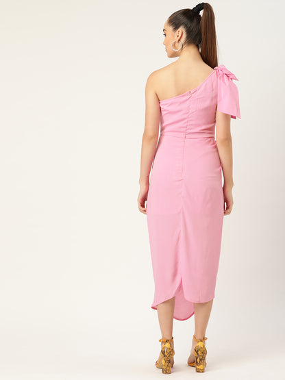 Women Pink One Shoulder Bow Detail Draped Midi Dress