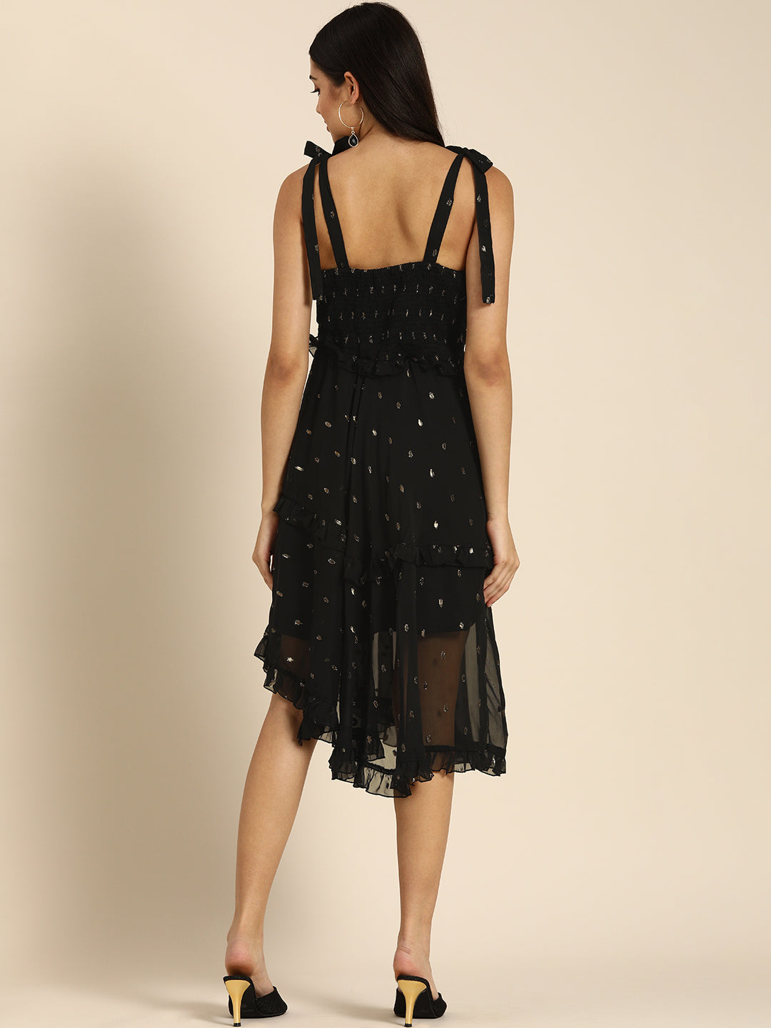Black Sleeveless Midi Dress with Golden Foil Print and Tie-Up Straps