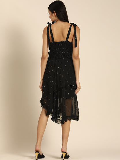 Black Sleeveless Midi Dress with Golden Foil Print and Tie-Up Straps