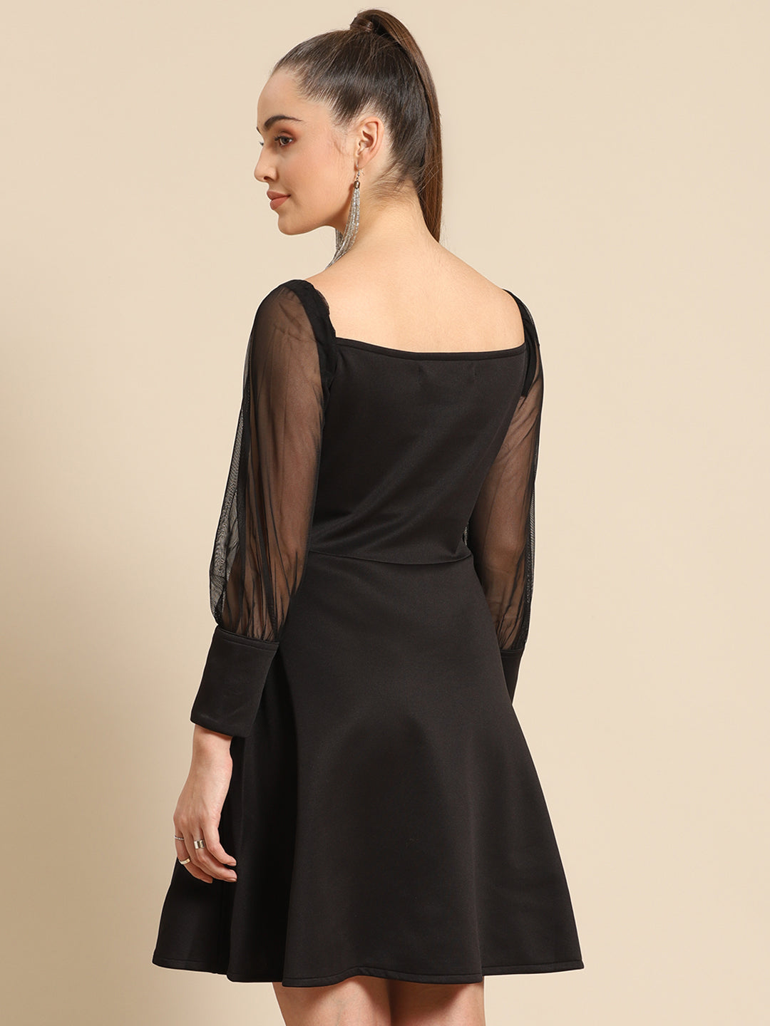 Black Fit & Flare Mini Dress for Women with Sheer Puff Sleeves – Party & Cocktail Wear
