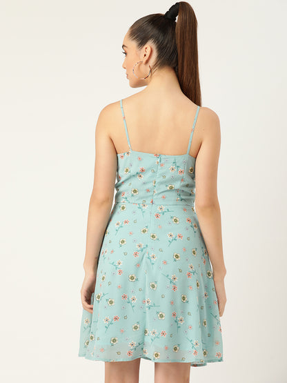 Blue Floral Print Spaghetti Strap A-Line Dress