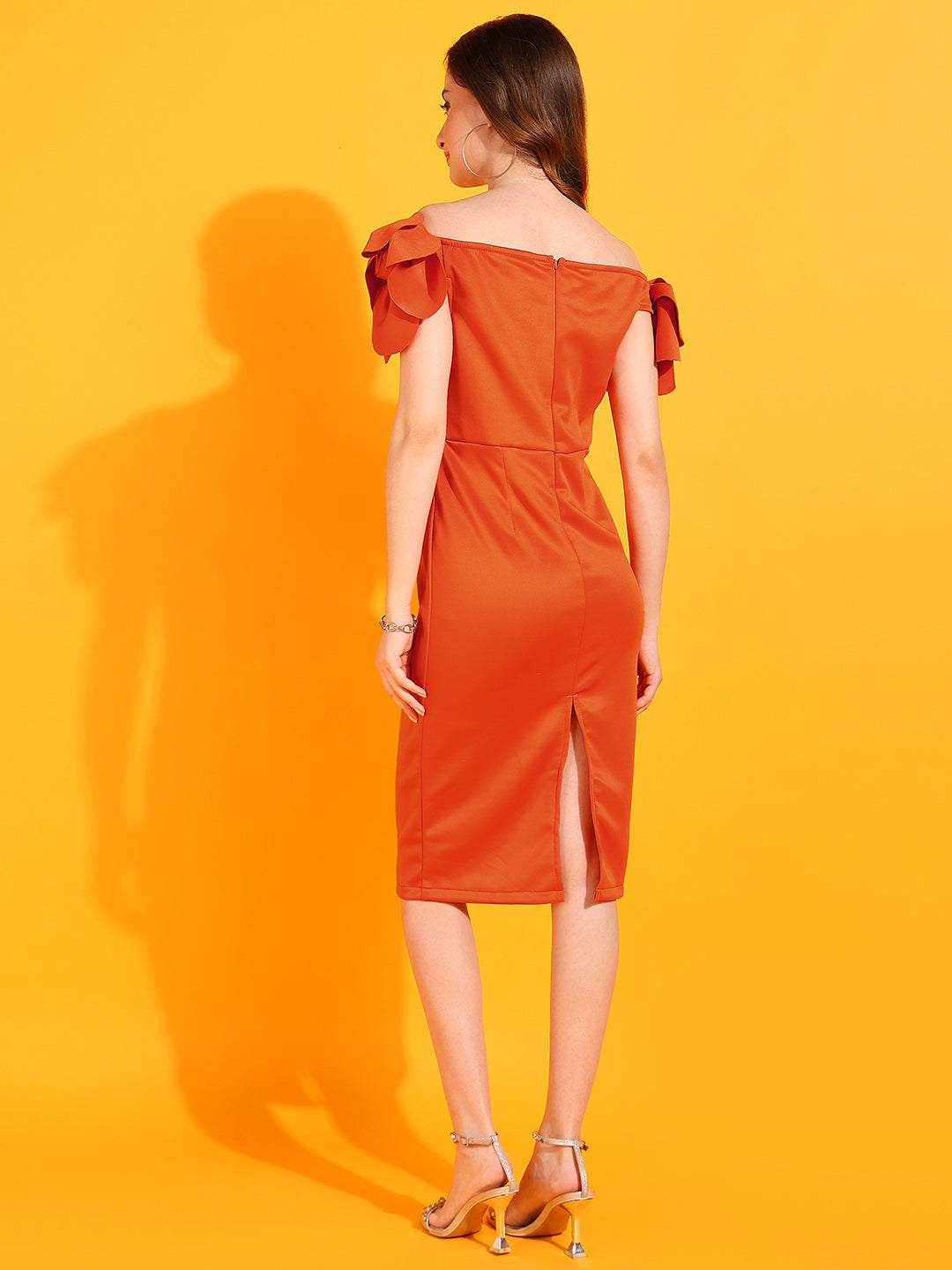Women’s Orange Off-Shoulder Bodycon Midi Dress with Ruffle Sleeves