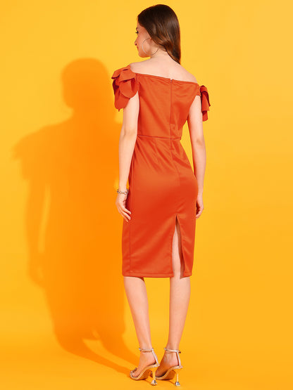 Women’s Orange Off-Shoulder Bodycon Midi Dress with Ruffle Sleeves
