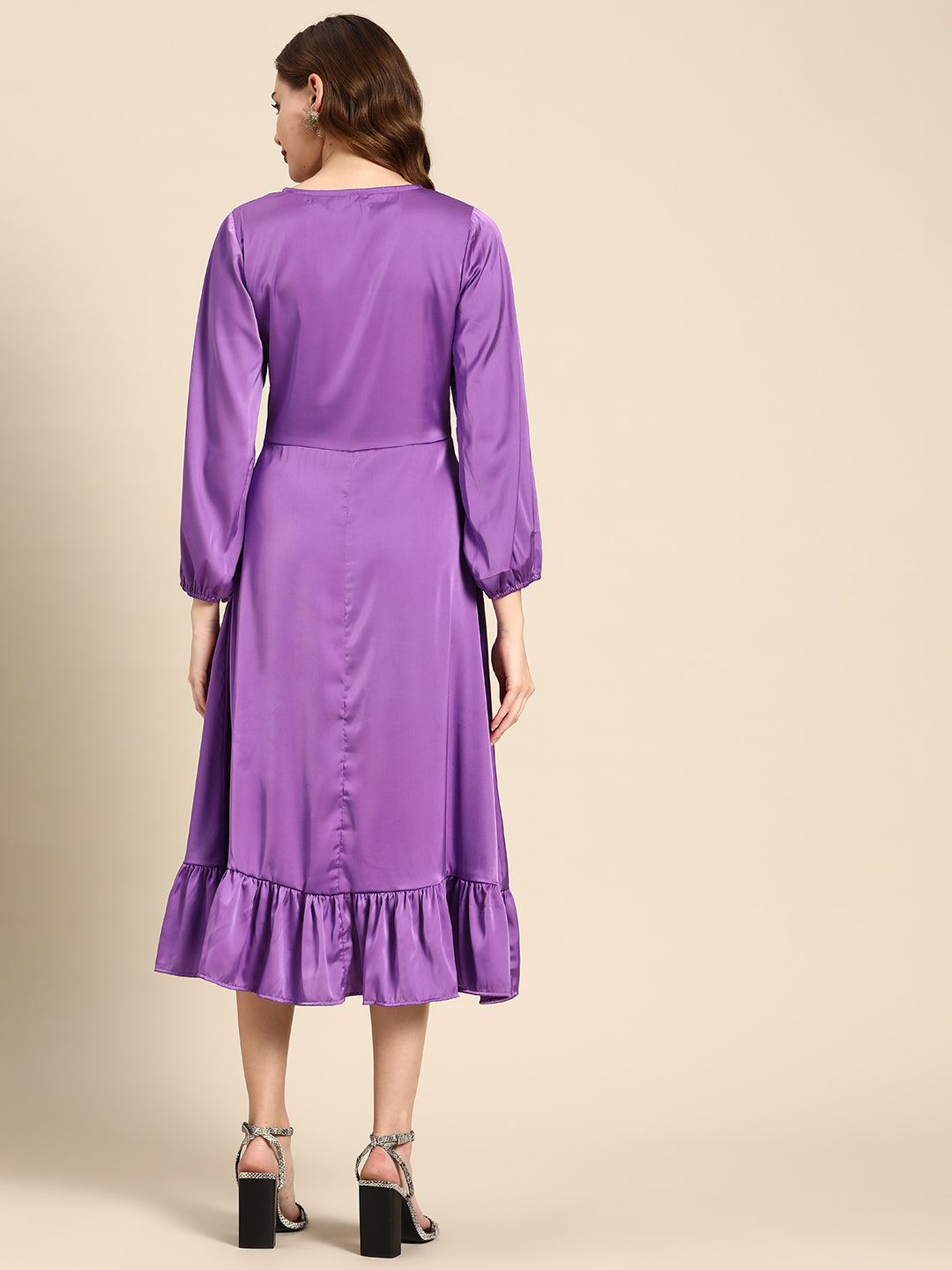 Purple Satin V-Neck Flounce Hem Midi Dress with Puff Sleeves