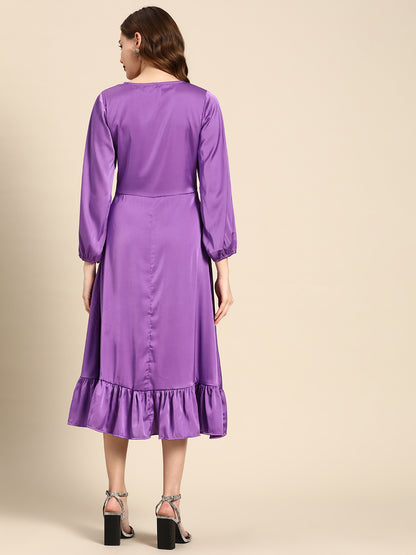 Purple Satin V-Neck Flounce Hem Midi Dress with Puff Sleeves
