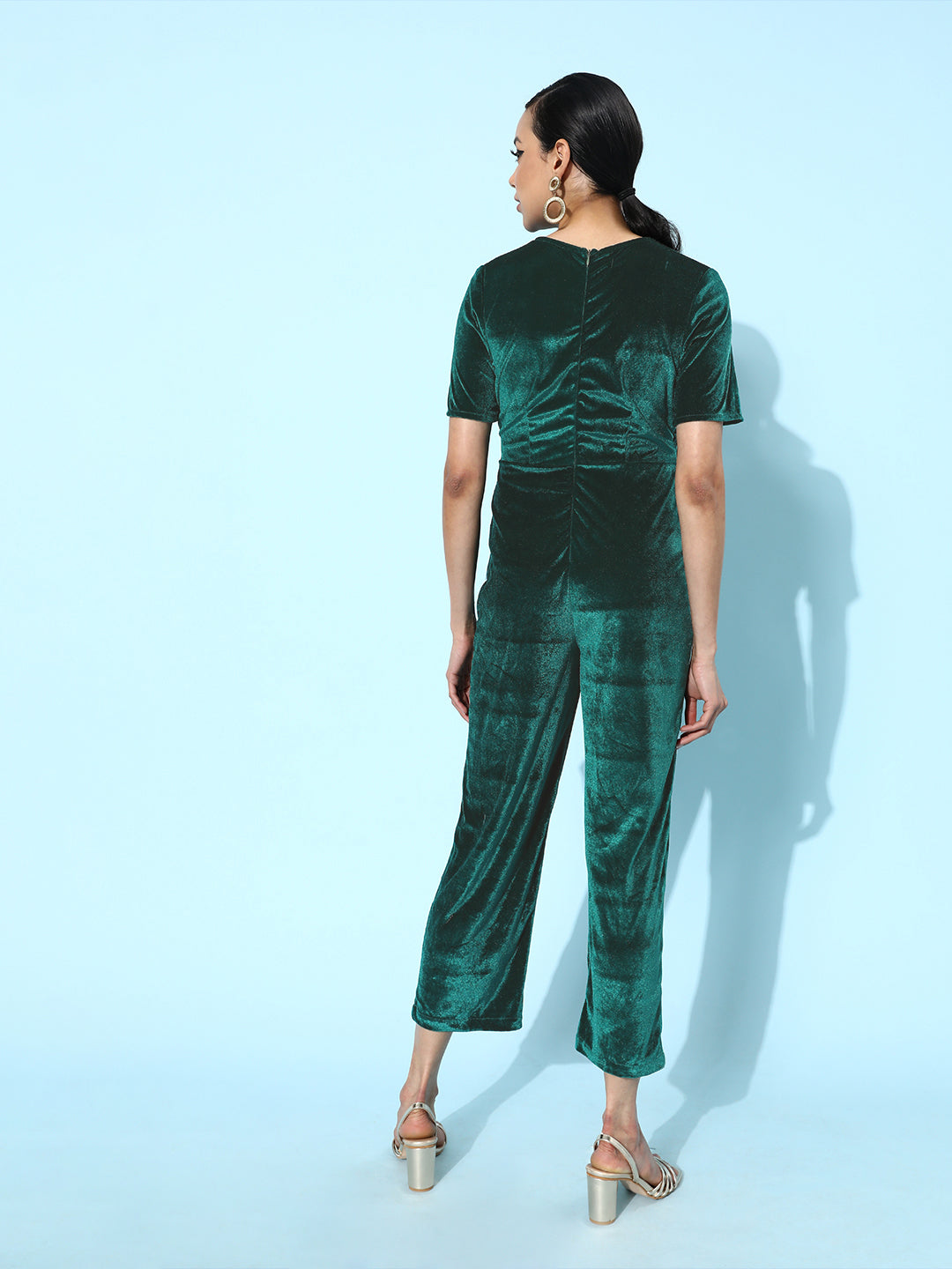 Emerald Green Velvet Short Sleeve Jumpsuit for Women