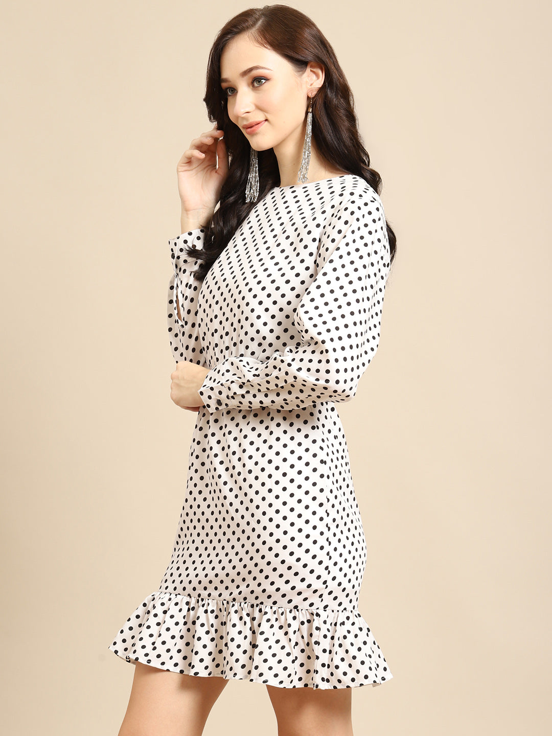 Elegant White Polka Dot Mini Dress for Women – Long Sleeve Ruffle Hem Casual Dress