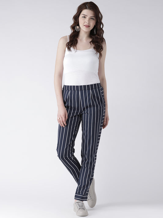 Women's Navy Blue Vertical Striped Pants – Slim Fit Casual Trousers with Pockets