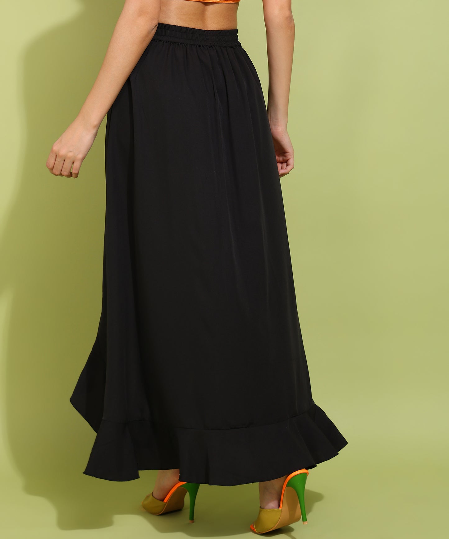 Black Ruffled High-Slit Maxi Skirt with Tie Waist – Elegant and Flowy