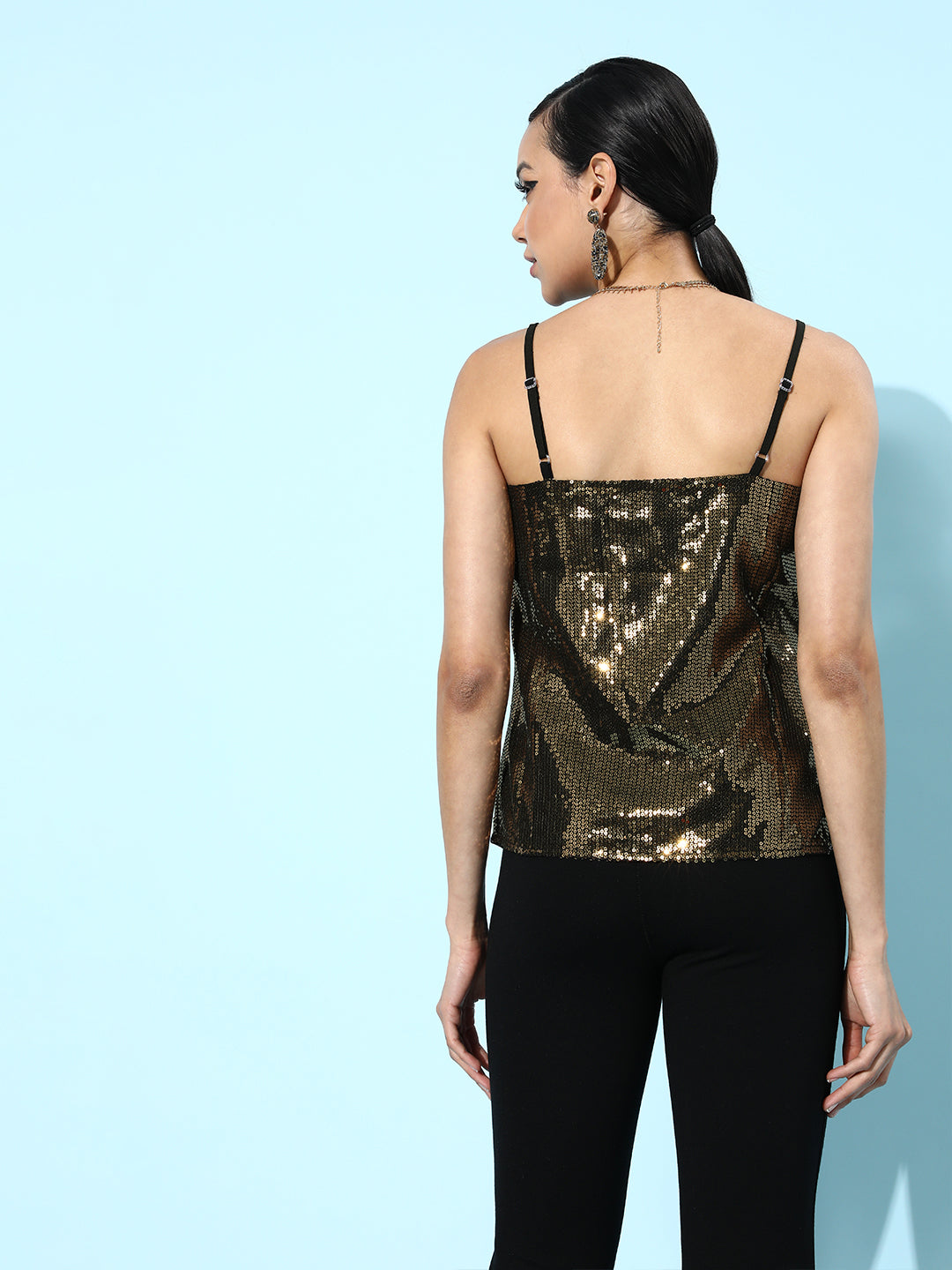 Elegant Black Sequin Spaghetti Strap Top for Women | Party Night Glam Look
