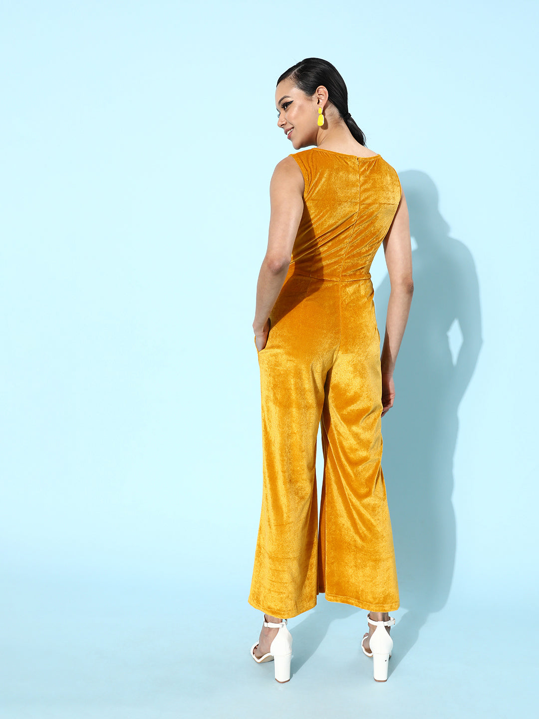 Mustard Yellow Velvet Sleeveless Jumpsuit for Women