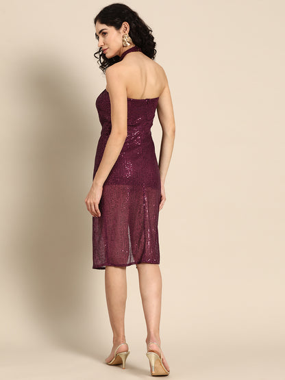 Wine Sequin Halter Neck Bodycon Dress with Slit