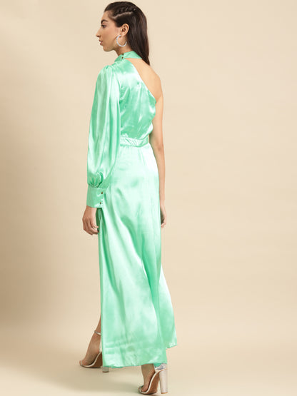 Women Mint Green One Shoulder Satin Maxi Dress With Slit