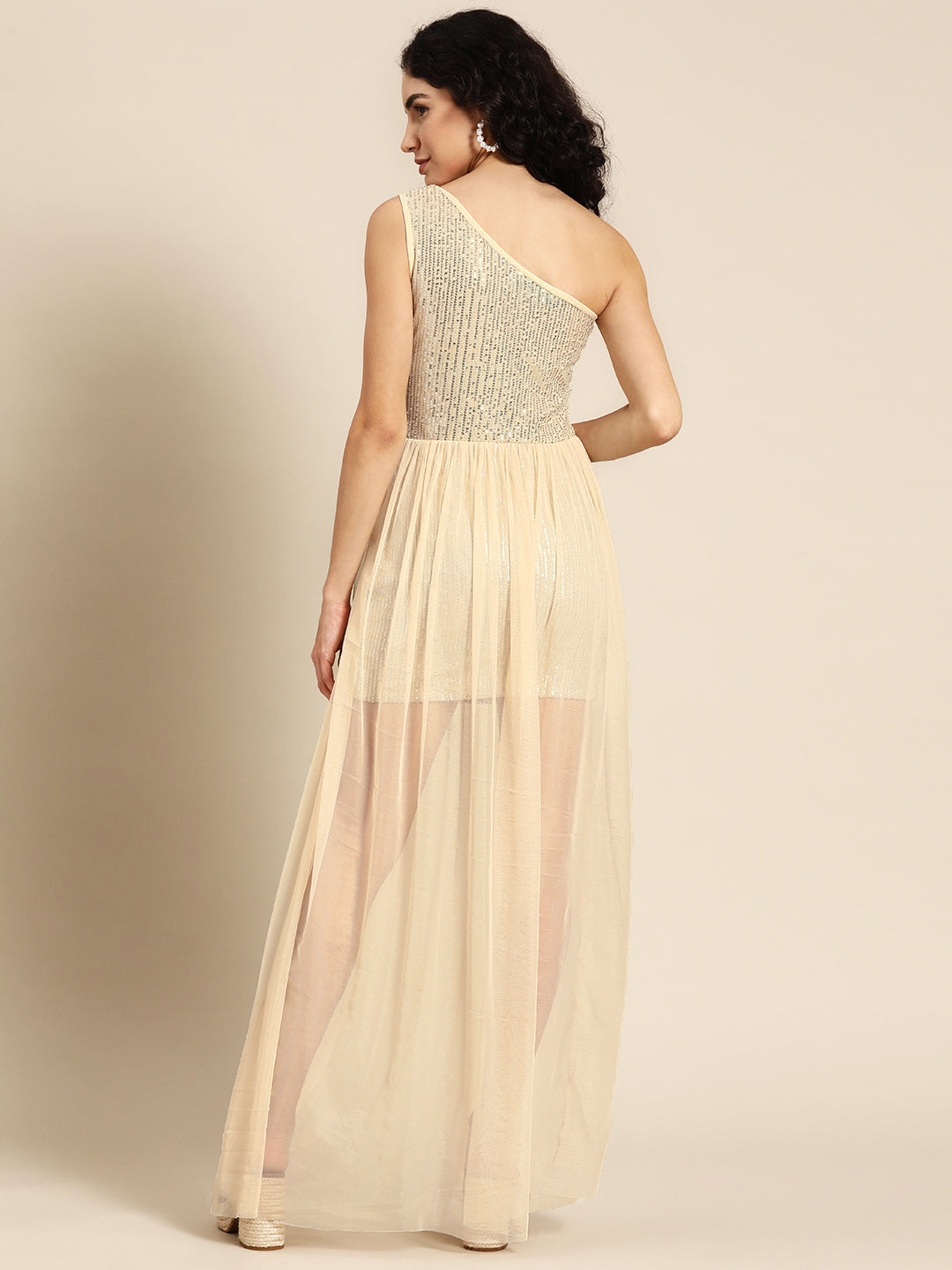 Beige One-Shoulder Sequin Mesh Overlay Party Dress